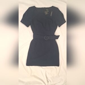 NWT Club Monaco Navy Textured Knit A-Line Mini Belted Short Sleeve Dress 00